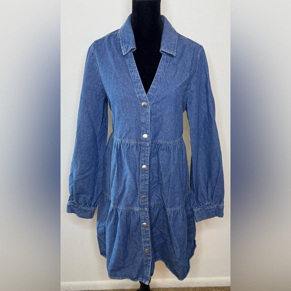 Zara denim long sleeve V neck collar tiered button front dress small EUC - Picture 2 of 8